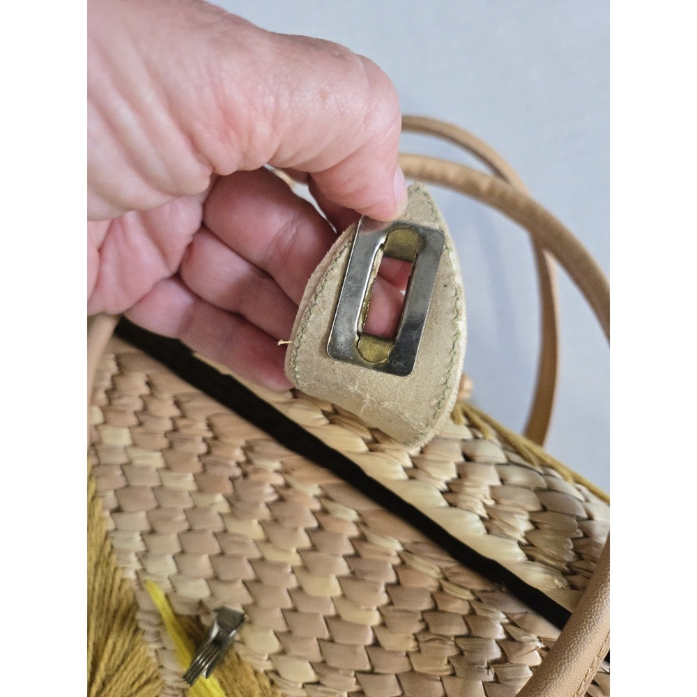 Vtg 1970s Woven Straw Leather Handbag 3D Flower Yarn Leaves MCM Boho Yellow Tan - Picture 7 of 13